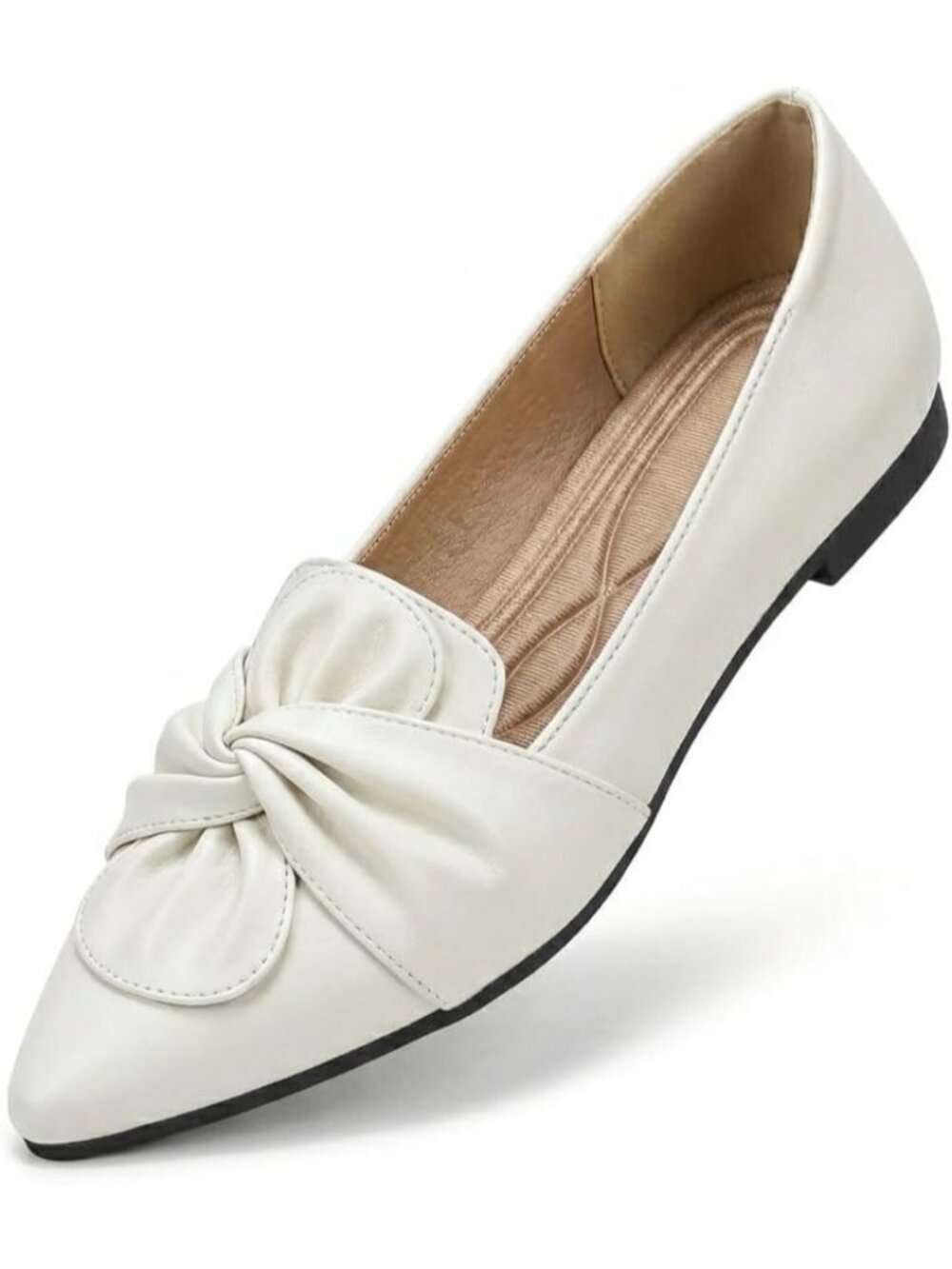 Women's White Soft PU Leather Pointed Toe Ballet Flat Non-Slip Rubber Sole Shoes